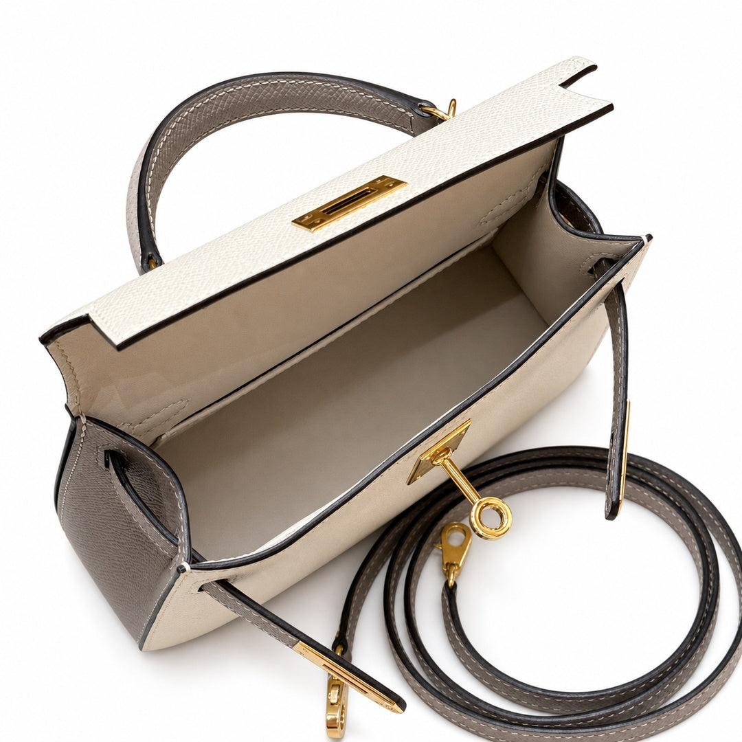 Style: mini kelly Color: ck10/craie/M8/Gris Asphalte Size: 19*12*5.5cm Leather: epsom From France Hardware: gold Mini Kelly second generation, milkshake white and starry sky gray, palm print cowhide i