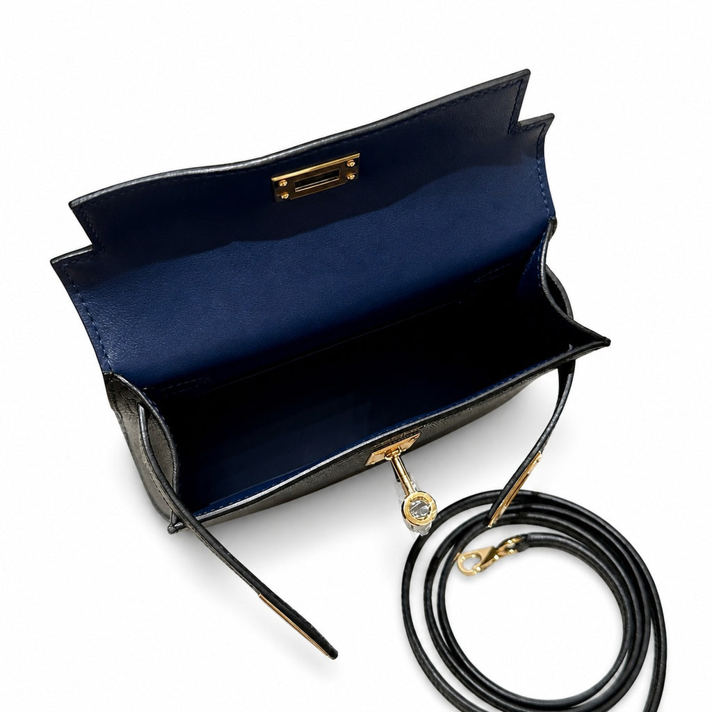 mini kelly 2, ck89/Black, Epsom, gold, 19cm, all handmade‼ ️Mini Kelly II, black with blue lining, palm print leather, gold buckle, 19cm, high-end fully handmade and customized‼ ️Purely hand-made nail