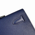 Kelly cut clutch, evening bag, epsom leather, waxed thread hand-stitching, sapphire blue, silver buckle