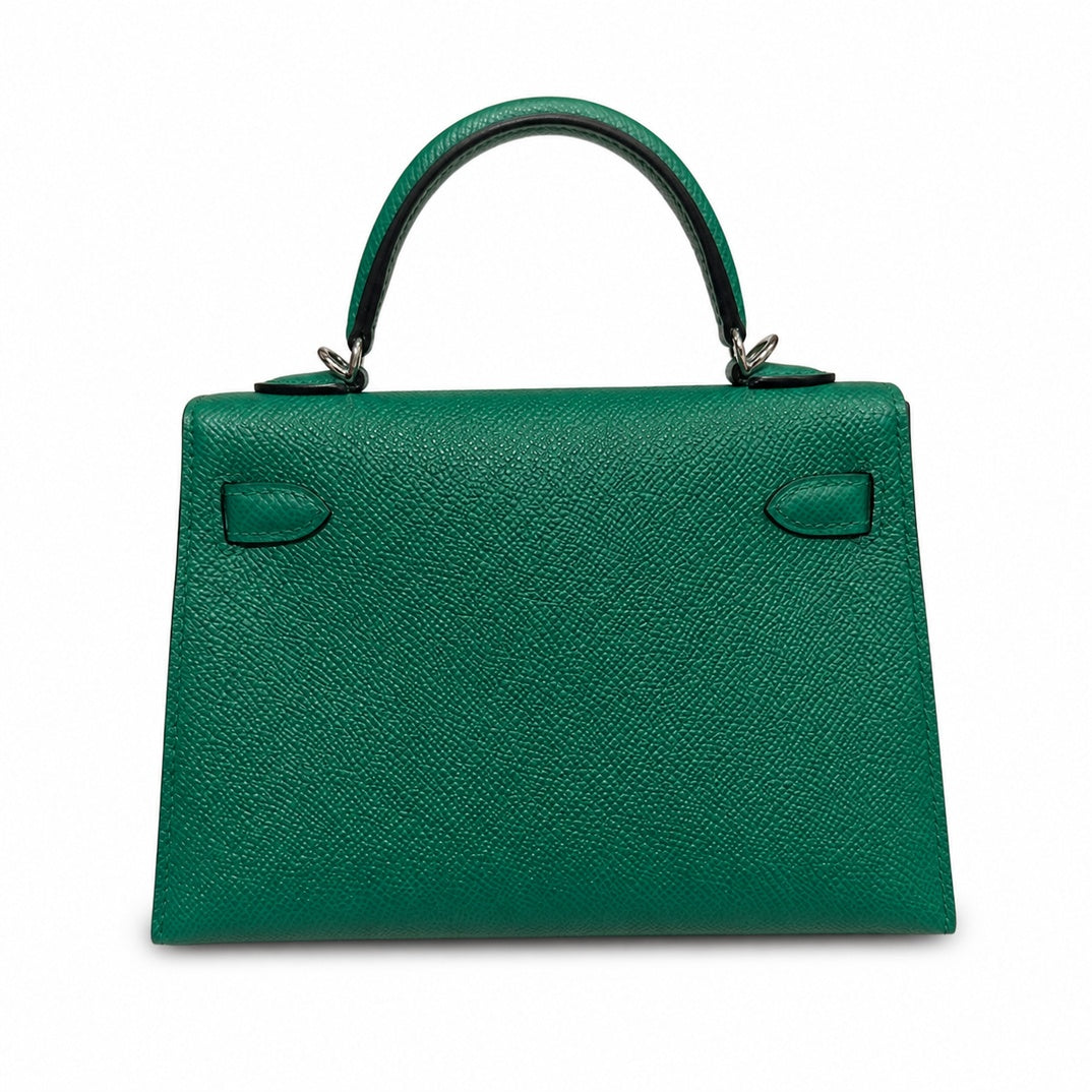 mini kelly 2, U4/Vert Verigo, Epsom, silver, 19cm, all handmade‼ ️Mini Kelly II, velvet green, palm print, silver buckle, 19cm, high-end fully handmade and customized‼ ️Purely hand-made nails, hand-en