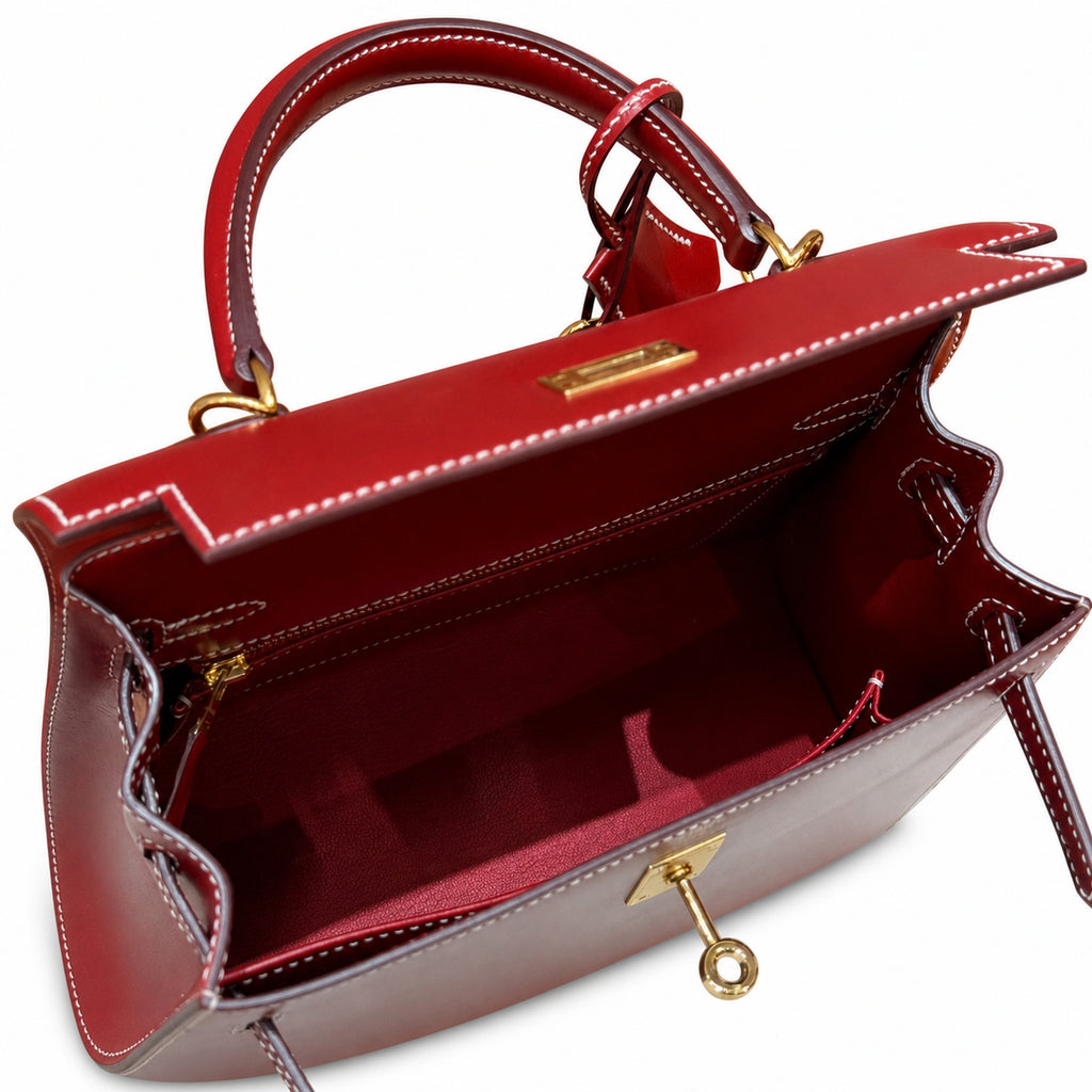 Style: Kelly Color: 5x/Rouge piment Size: 25*17*7cm Leather: Box From France Hardware: gold Kelly 25, chili red-white thread, bright cowhide imported from France, gold buckle, high-end handmade exclus