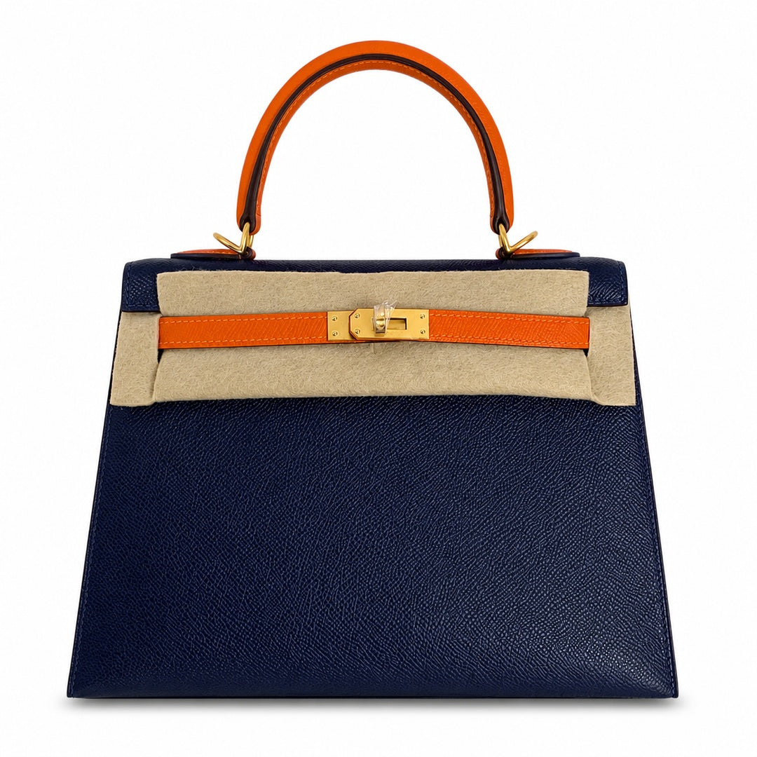 Custom order💕kelly25 sapphire blue with classic orange epsom frosted gold buckle handmade