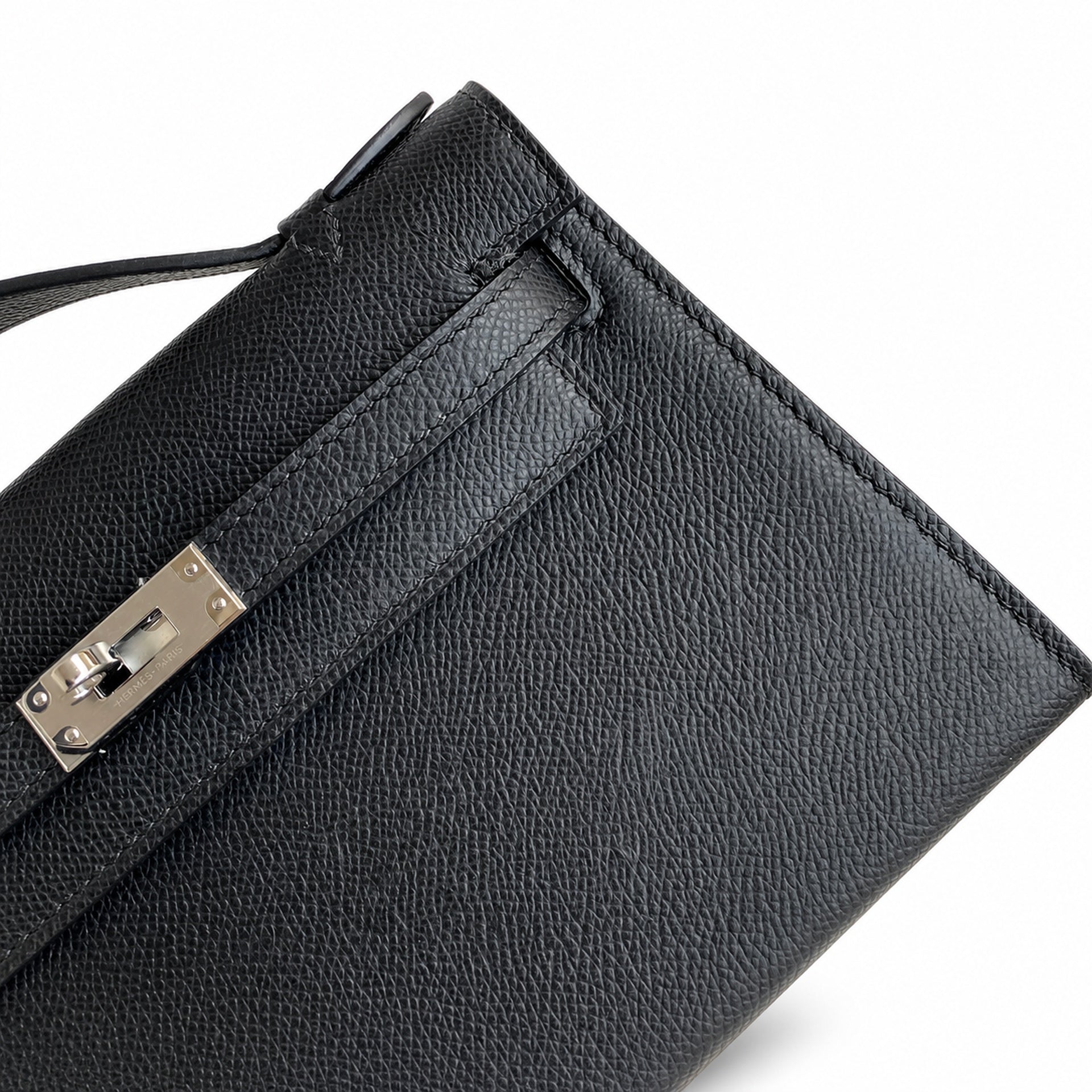 First generation handbag evening bag Kelly 22cm Epsom leather black silver buckle wax thread