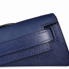 Kelly cut clutch, evening bag, epsom leather, waxed thread hand-stitching, sapphire blue, silver buckle