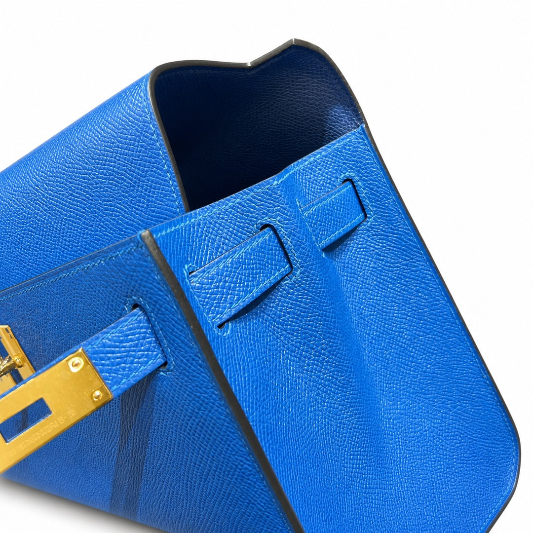 Kelly 28cm Epsom leather 73 Bleu Saphir sapphire blue combined with 71 Bleu France French blue top handcraft! Counter quality!
