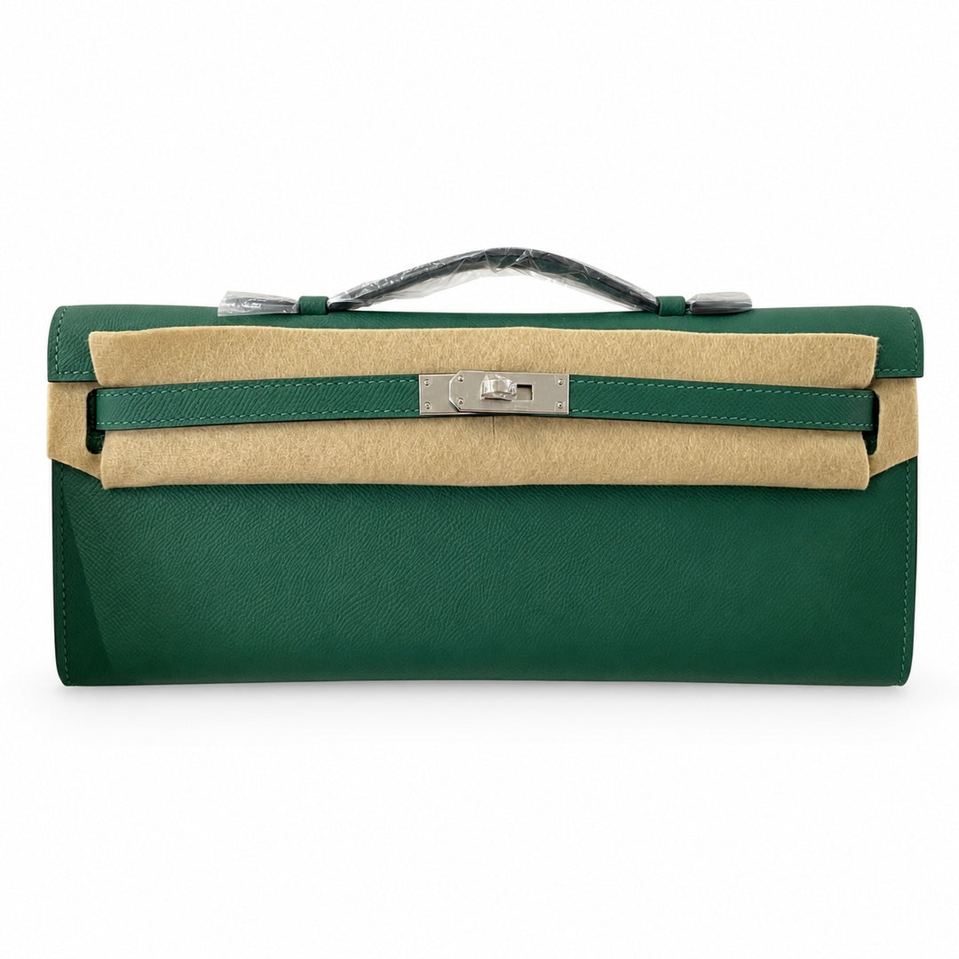 Kelly cut 31 clutch epsom malachite green silver buckle in stock