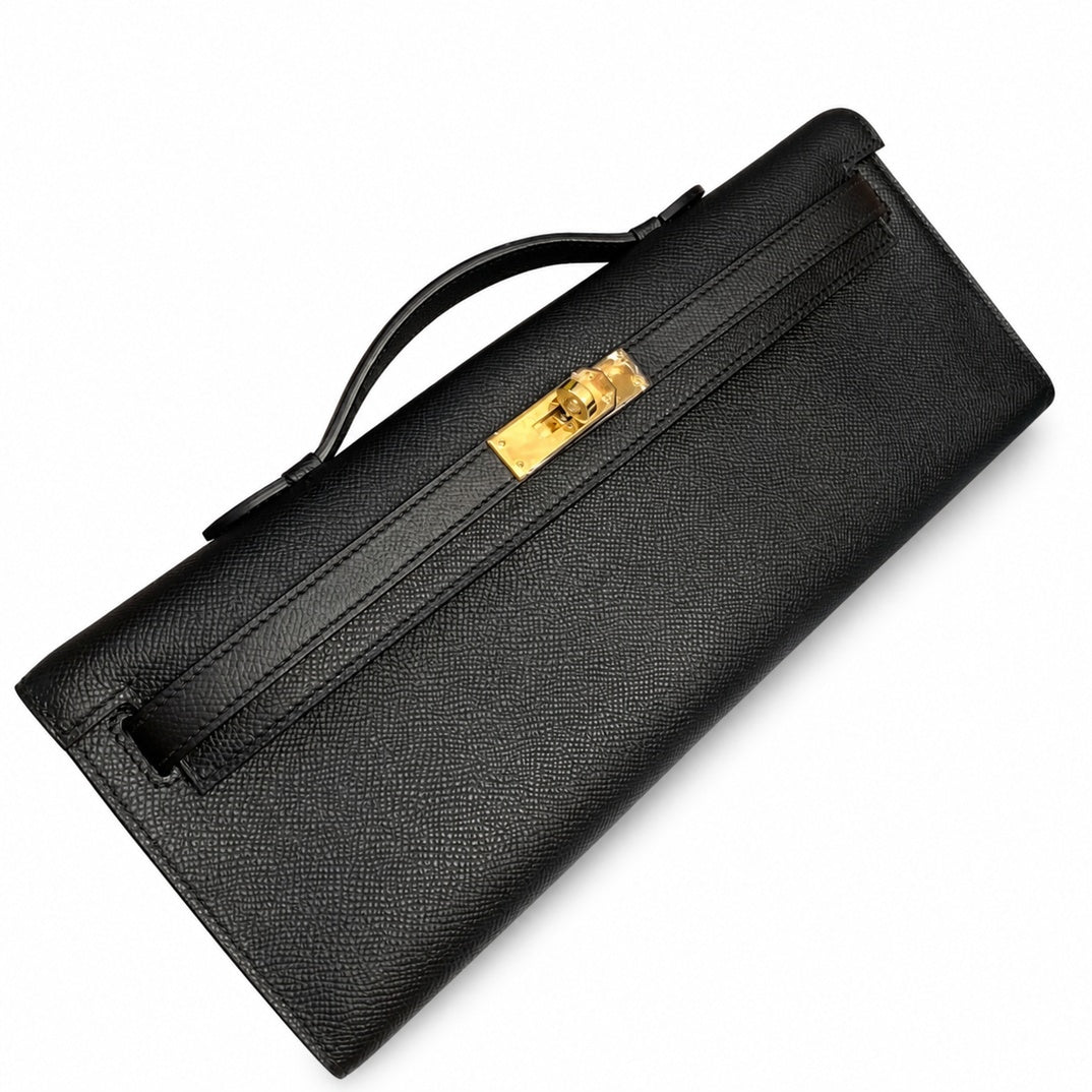 Kelly cut clutch evening bag epsom leather wax thread hand-stitched black gold buckle