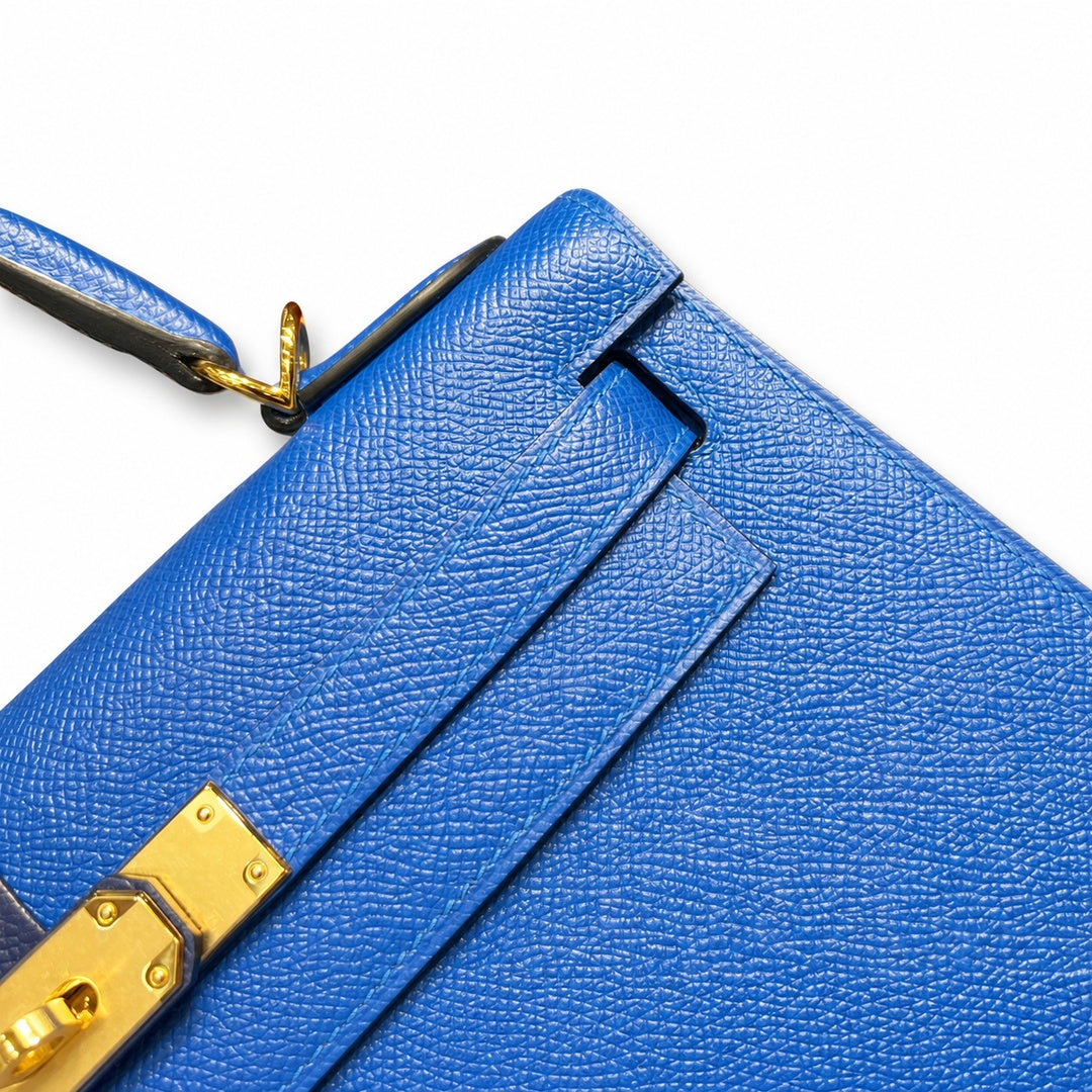 Kelly 28cm Epsom leather 73 Bleu Saphir sapphire blue combined with 71 Bleu France French blue top handcraft! Counter quality!