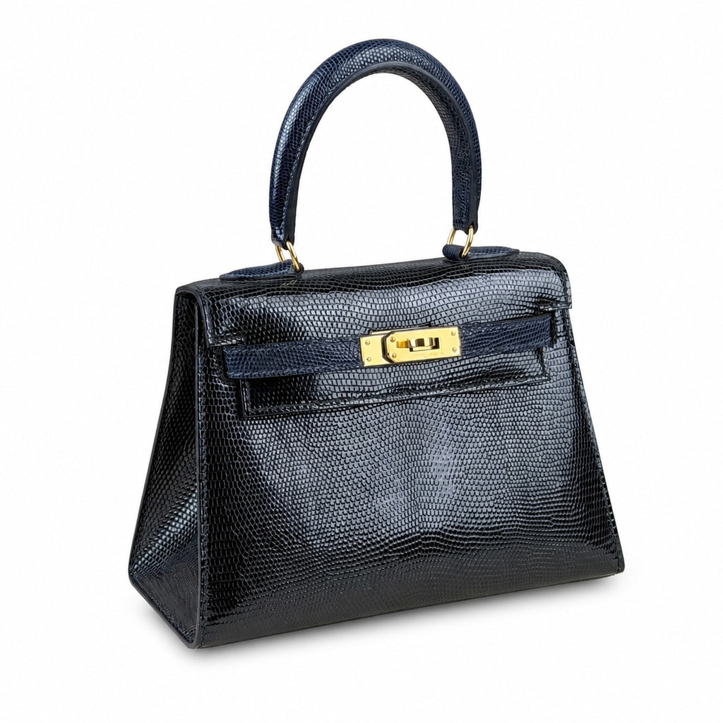 Kelly big ears, black with sapphire blue, original lizard leather, 20cm, completely handmade inside and outside, original hardware, shoulder strap❤️