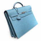 Kelly briefcase 38cm Epsom leather 75 Bleu Jean denim blue top handcraft! Counter quality!