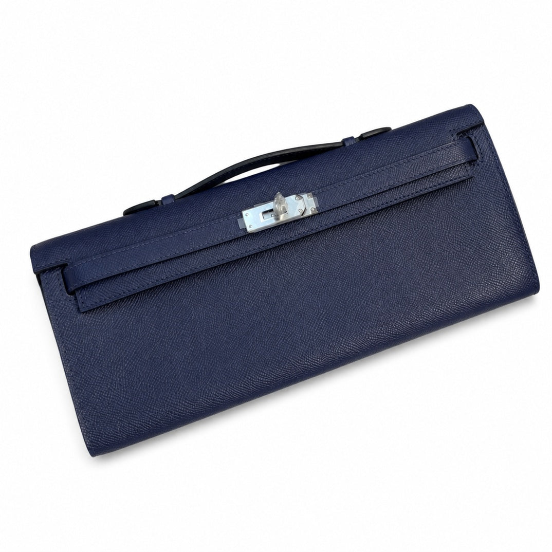 Kelly cut clutch, evening bag, epsom leather, waxed thread hand-stitching, sapphire blue, silver buckle