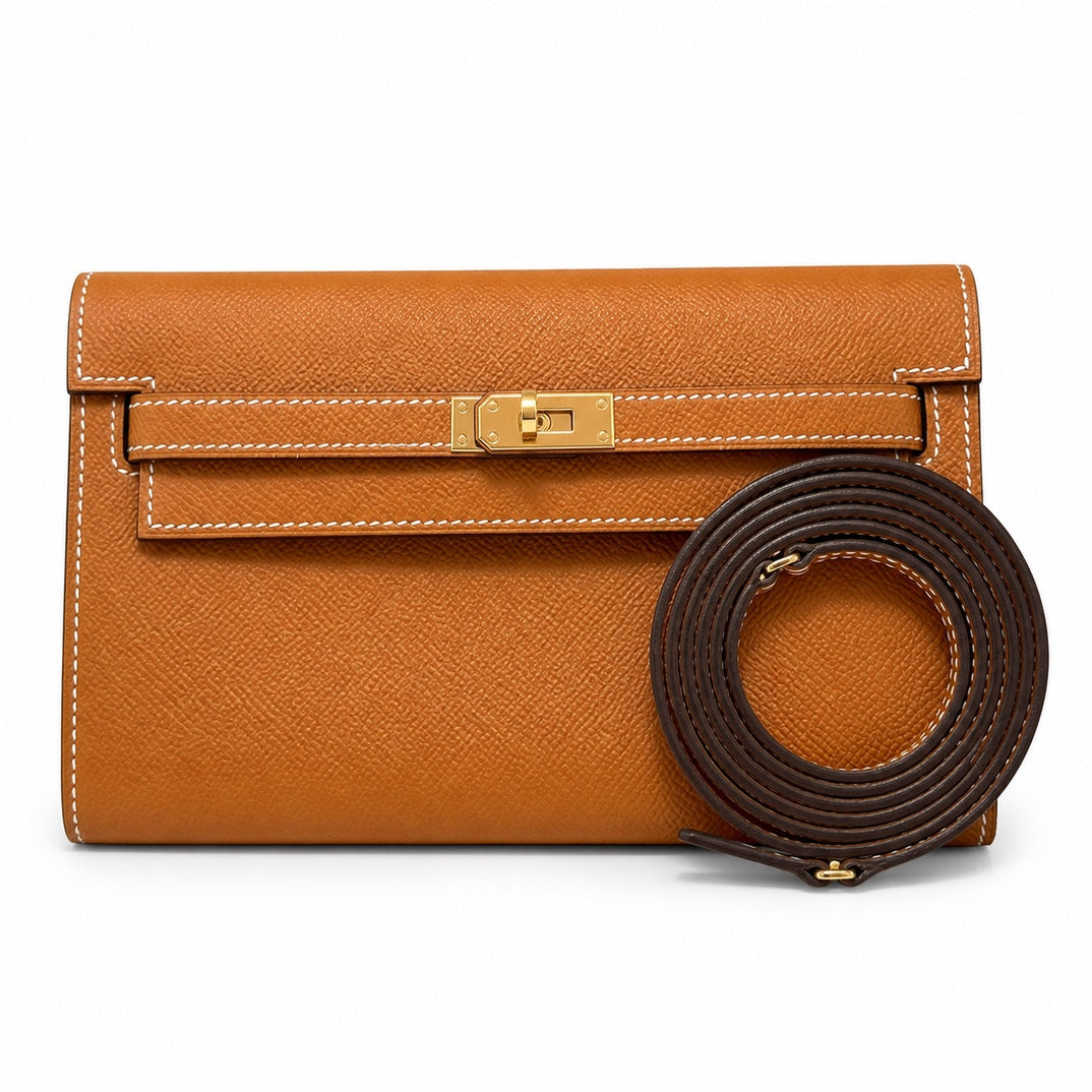 Style: Kelly to go Color: ck37/gold Size: 19*11.5*1.5cm Leather: epsom From France Hardware: gold Kelly crossbody bag, golden brown, cowhide, gold buckle, high-end handmade exclusive customization‼ ️P