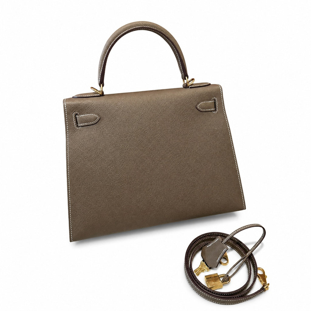 kelly28cm, ck18/Etoupe, Epsom, gold, all handmade‼ ️Kelly 28cm, elephant gray, palm print, gold buckle, high-end handmade exclusive customization‼ ️Purely hand-made nails, hand-engraved hardware, fine