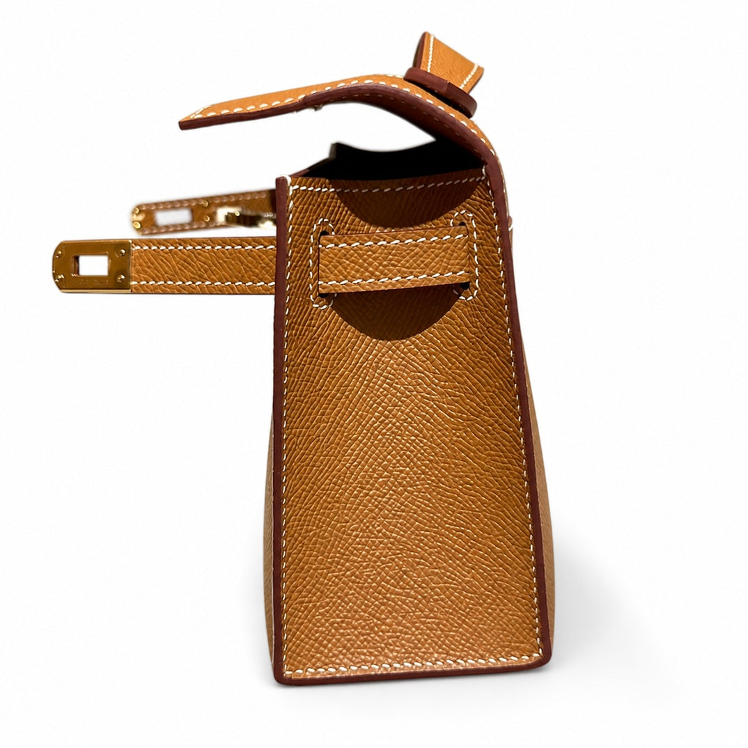 mini kelly 1, ck37/Gold, Epsom, gold, 22cm, all handmade‼ ️Mini Kelly Generation, golden brown, palm print, gold buckle, 22cm, high-end fully handmade and customized‼ ️Purely hand-made nails, hand-eng
