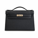 First generation handbag evening bag Kelly 22cm Epsom leather black silver buckle wax thread