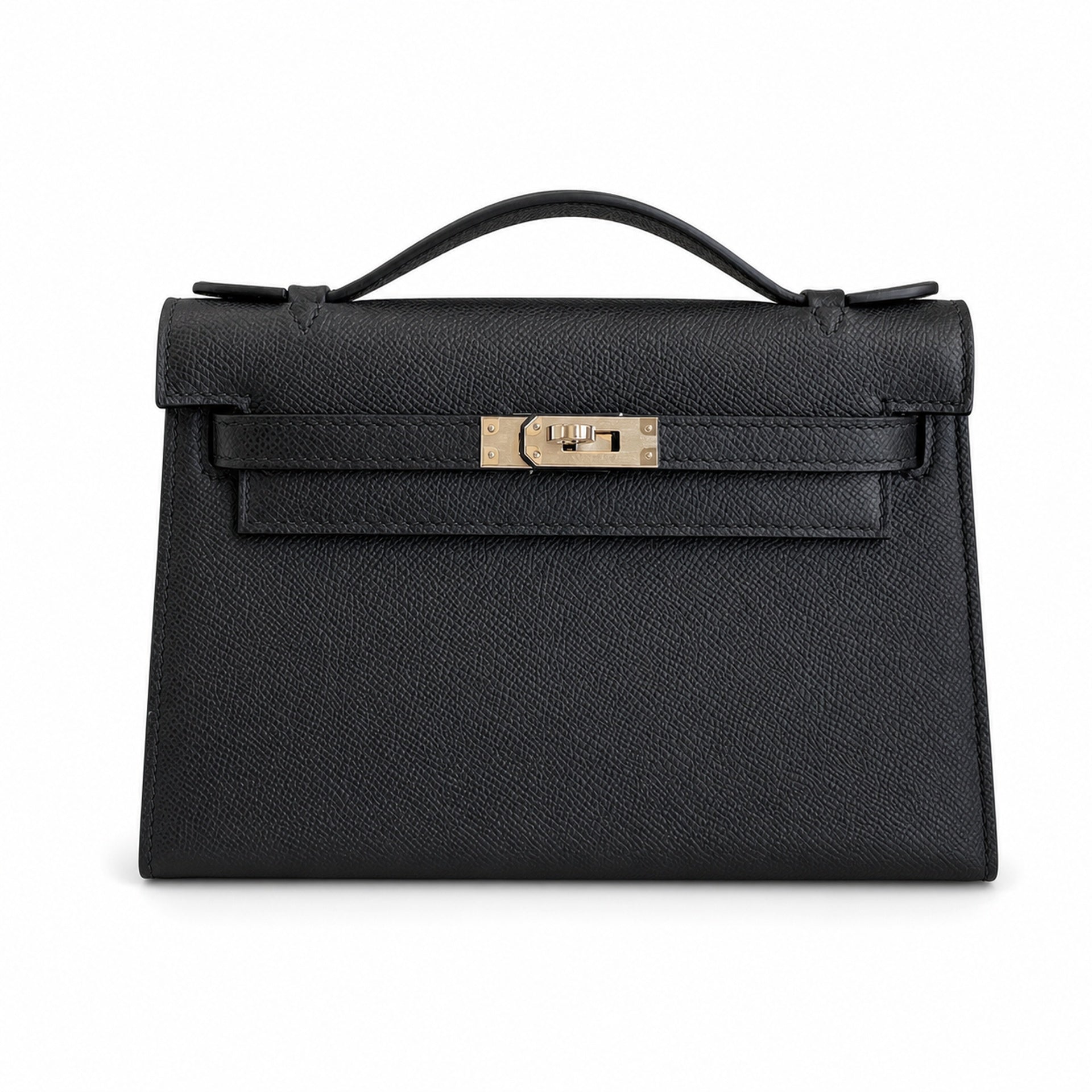 First generation handbag evening bag Kelly 22cm Epsom leather black silver buckle wax thread