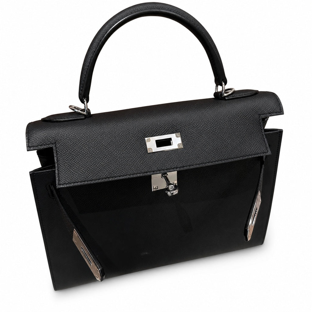 kelly32cm, ck89/Black, Epsom, sliver, all handmade‼ ️Kelly 32cm, black, palm print, silver buckle, high-end handmade exclusive customization‼ ️Purely hand-made nails, hand-engraved hardware, fine stee