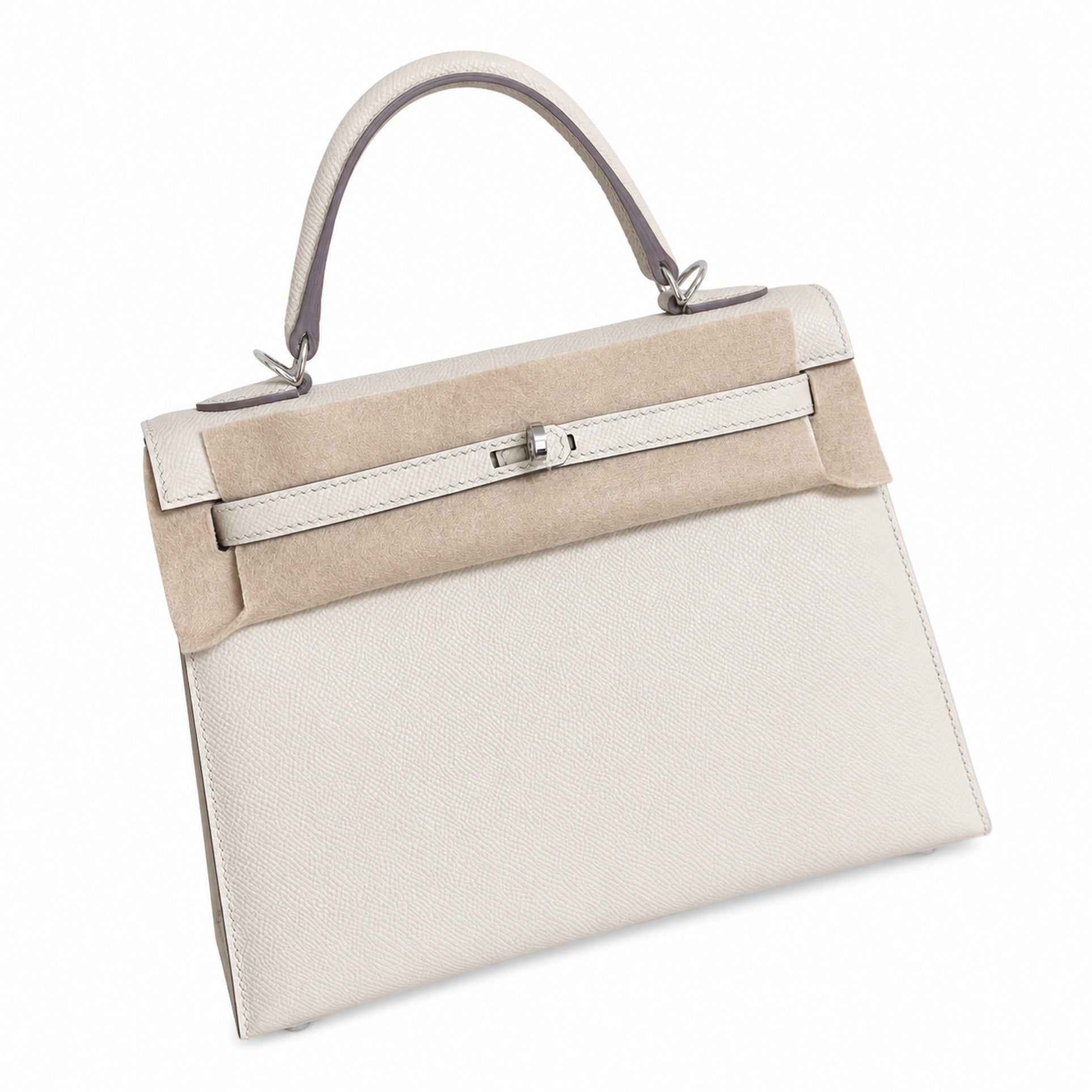 Milkshake white, gold buckle and silver buckle, Kelly 25, imported Epsom