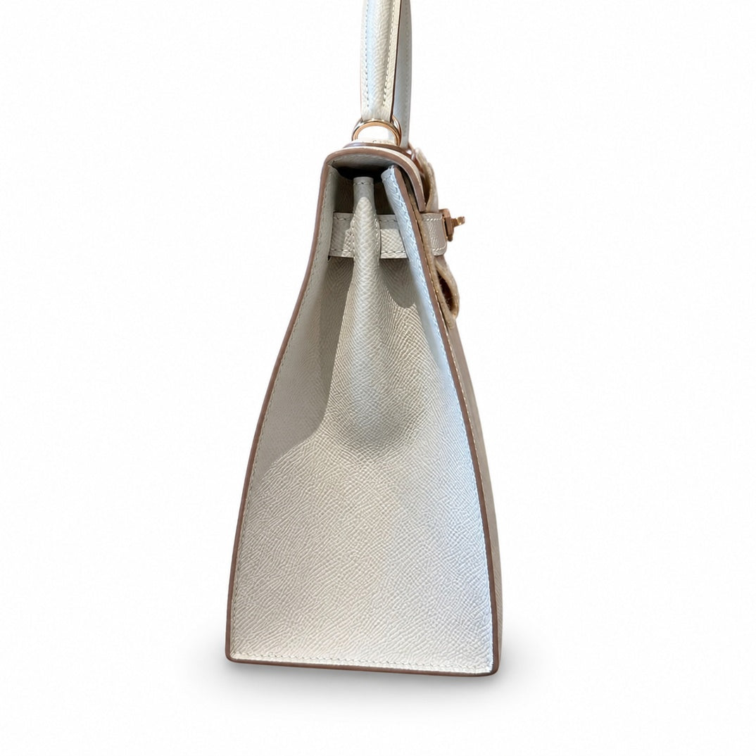 kelly28cm, ck10/Craie, Epsom, rose gold, all handmade‼ ️Kelly 28cm, milkshake white, palm print, rose gold buckle, high-end handmade exclusive customization‼ ️Purely hand-made nails, hand-engraved har