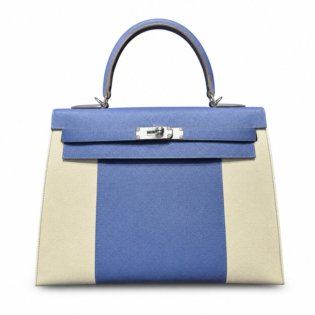 Kelly 32cm Epsom Leather 10 Craie Milkshake White R2 Blue Agate Bright Blue Top Handmade! Counter quality!
