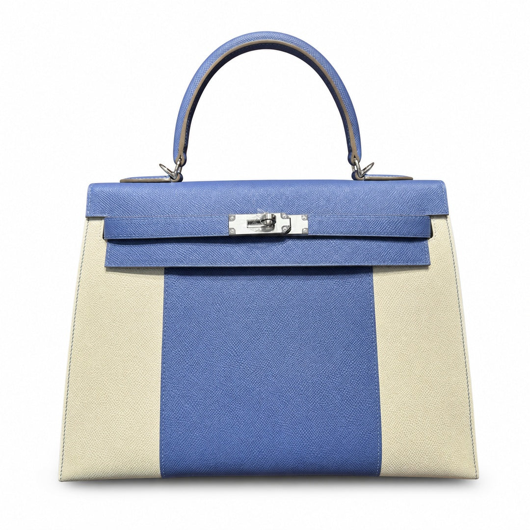 Kelly 32cm Epsom Leather 10 Craie Milkshake White R2 Blue Agate Bright Blue Top Handmade! Counter quality!
