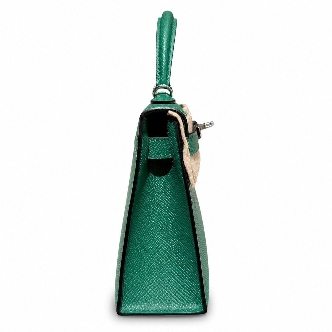 mini kelly 2, U4/Vert Verigo, Epsom, silver, 19cm, all handmade‼ ️Mini Kelly II, velvet green, palm print, silver buckle, 19cm, high-end fully handmade and customized‼ ️Purely hand-made nails, hand-en