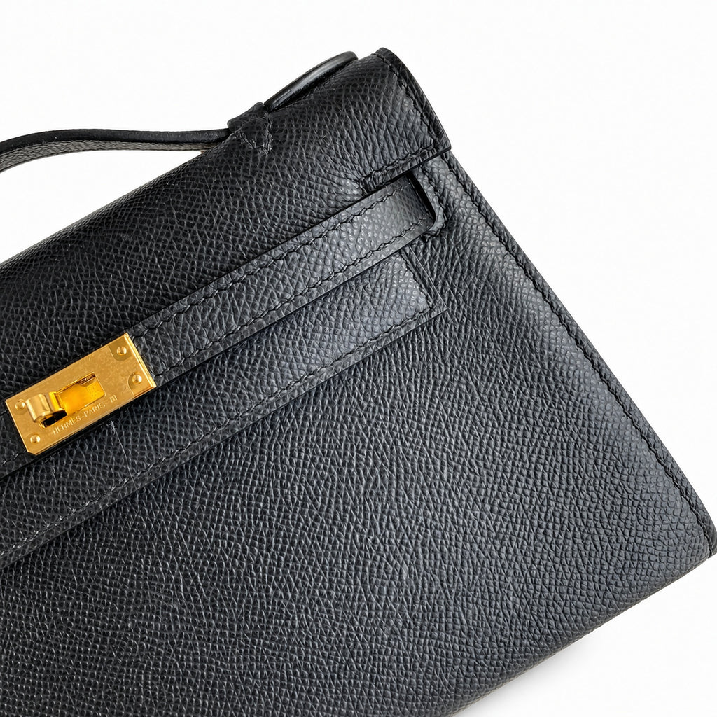 First generation handbag evening bag Kelly 22cm Epsom leather black gold buckle wax thread