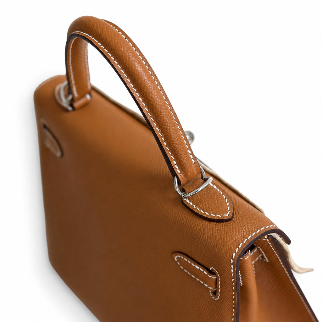 Golden brown, gold and silver buckles, Kelly 25, imported Epsom