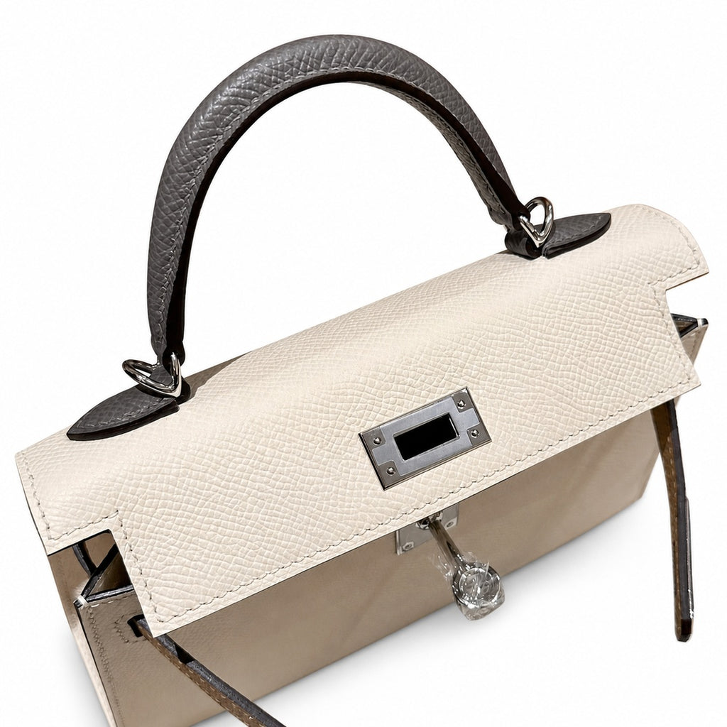 mini kelly 2, i2/Nata-0M/Chai-0L/Gris Meyer, Epsom, sliver, 19cm, all handmade‼ ️Mini Kelly II, cream white with striped milk tea color and cumulonimbus gray armband, palm print, silver buckle, 19cm,