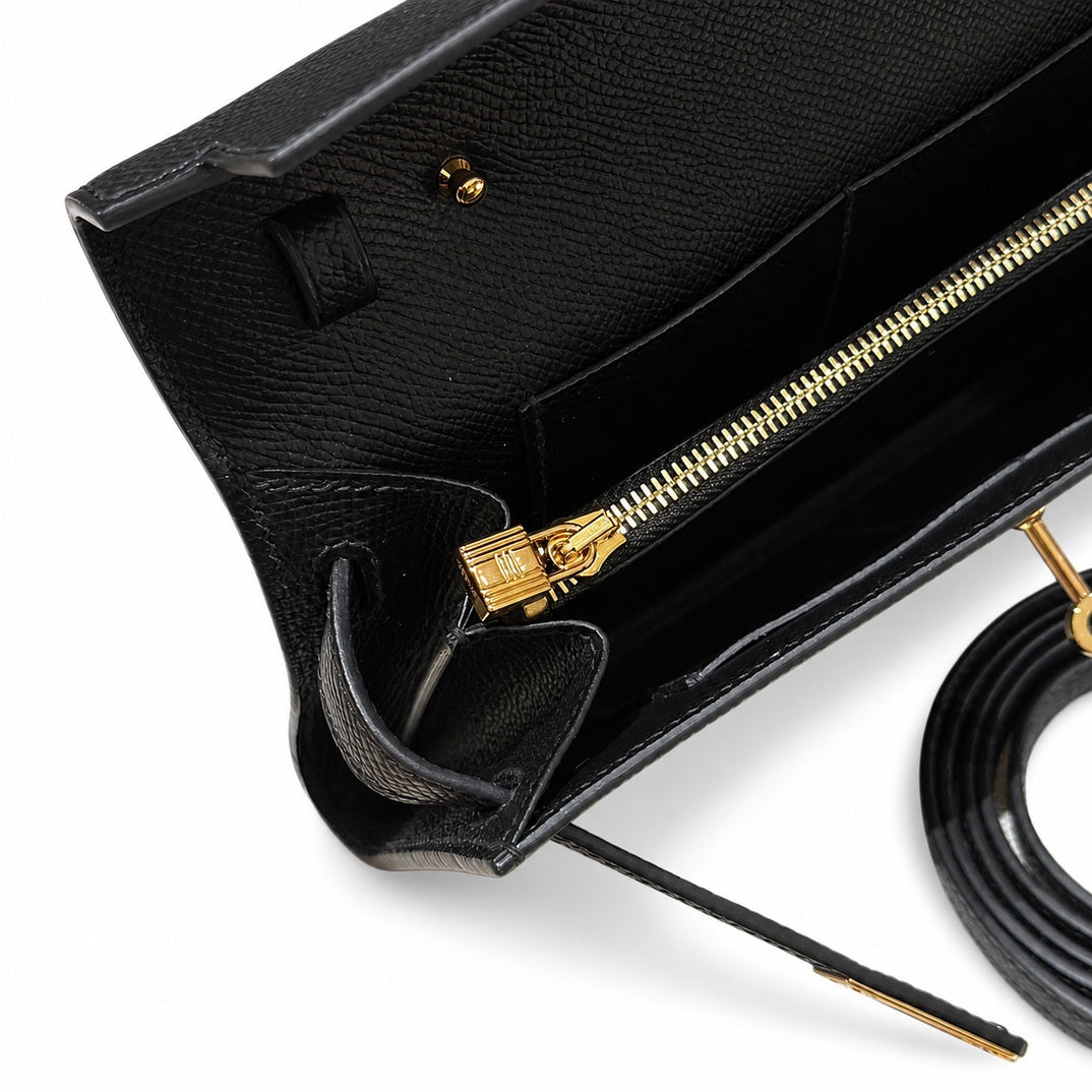 Style: Kelly to go Color: ck89/noir Size: 19*11.5*1.5cm Leather: epsom From France Hardware: gold shoulder crossbody bag, clutch bag, black, cowhide, gold buckle, high-end handmade exclusive customiza