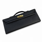 Kelly cut clutch evening bag epsom leather wax thread hand-stitched black gold buckle