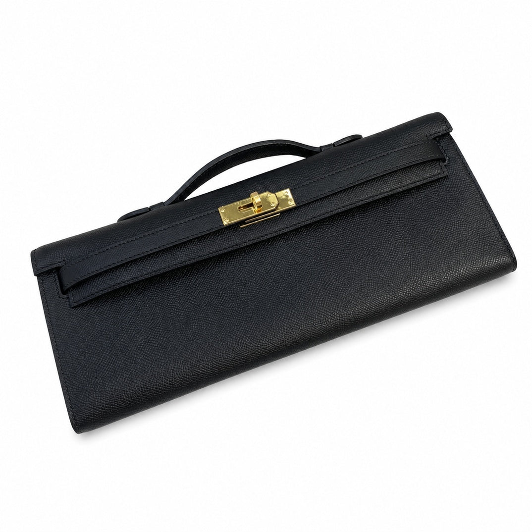 Kelly cut clutch evening bag epsom leather wax thread hand-stitched black gold buckle