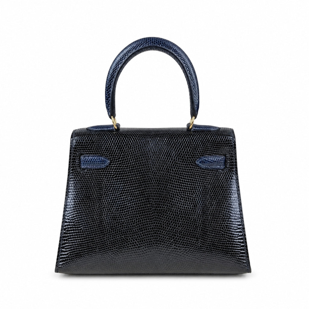 Kelly big ears, black with sapphire blue, original lizard leather, 20cm, completely handmade inside and outside, original hardware, shoulder strap❤️