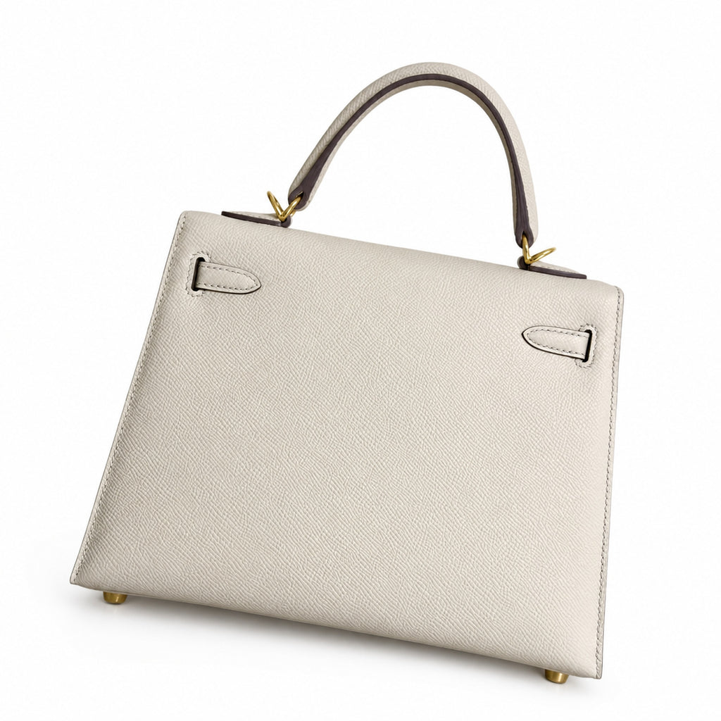 Milkshake white, gold buckle and silver buckle, Kelly 25, imported Epsom