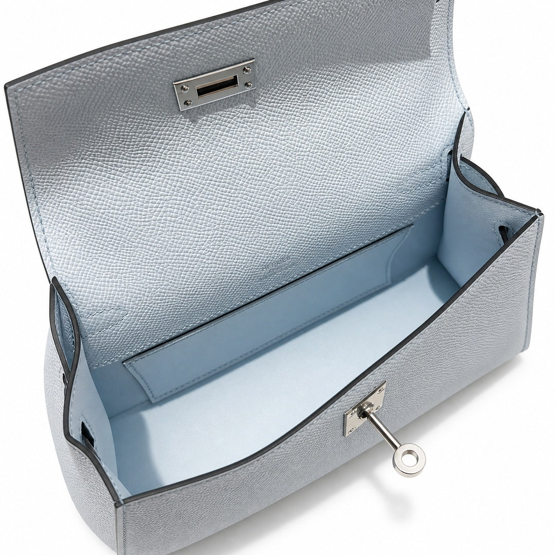 mini kelly 1, T0/Bleu Brume, Epsom, sliver, 22cm, all handmade‼ ️Mini Kelly Generation, haze blue, palm print leather, silver buckle, 22cm, high-end handmade exclusive customization‼ ️Purely hand-made