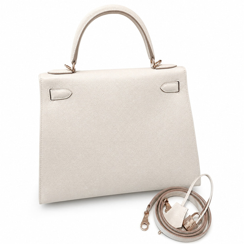 kelly28cm, ck10/Craie, Epsom, rose gold, all handmade‼ ️Kelly 28cm, milkshake white, palm print, rose gold buckle, high-end handmade exclusive customization‼ ️Purely hand-made nails, hand-engraved har
