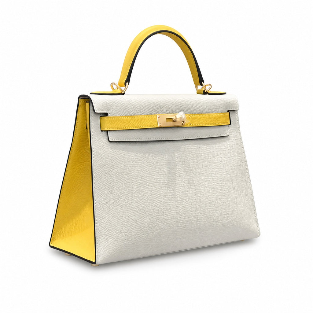 Kelly 28cm Epsom Leather S2 Trench Windbreaker Gray and 9D Jaune Amber Top Handmade! Counter quality!