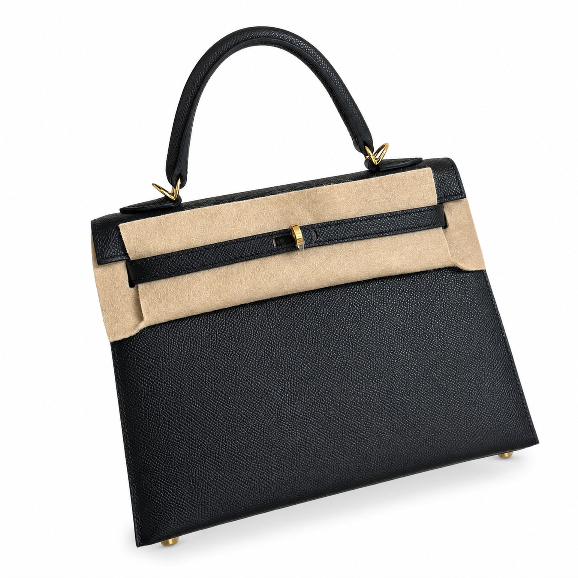 Black, gold and silver buckle, Kelly 25, imported Epsom