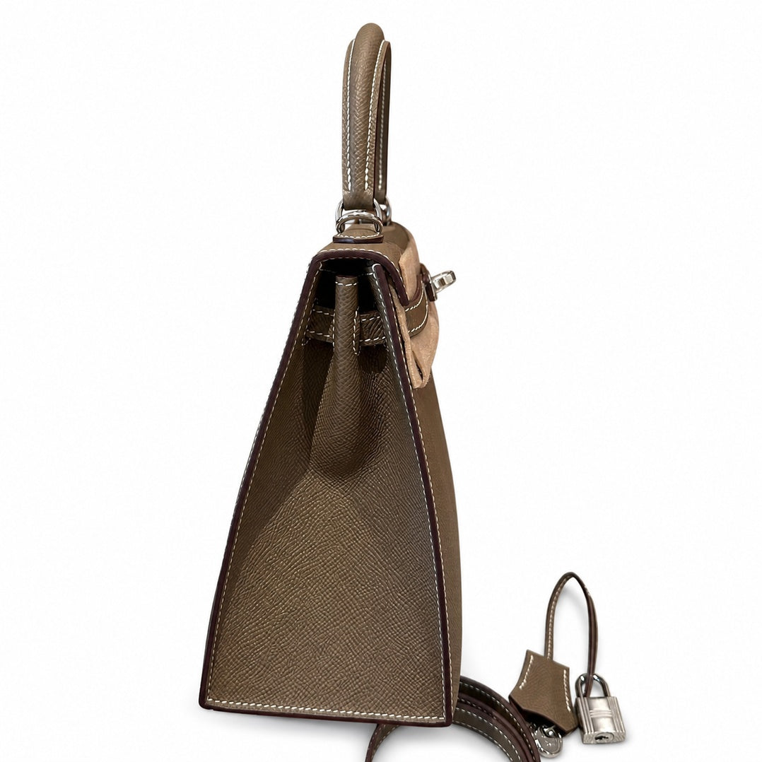 kelly25cm, ck18/Etoupe, Epsom, sliver, all handmade‼ ️Kelly 25cm, elephant gray, palm print, silver buckle, high-end handmade exclusive customization‼ ️Purely hand-made nails, hand-engraved hardware,
