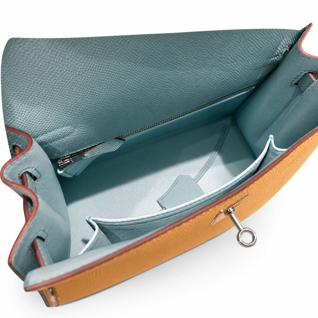 Kelly 28cm Epsom leather C9 Soufre goose egg yolk 3P BlueAtoll macaron blue top handcraft! Counter quality!