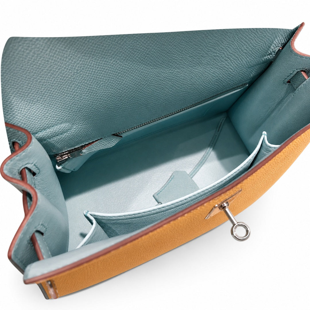 Kelly 28cm Epsom leather C9 Soufre goose egg yolk 3P BlueAtoll macaron blue top handcraft! Counter quality!