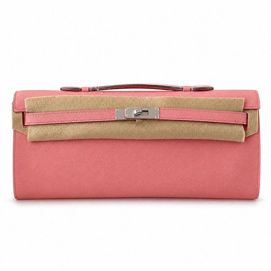 Kelly cut 31 clutch epsom milkshake powder silver buckle in stock