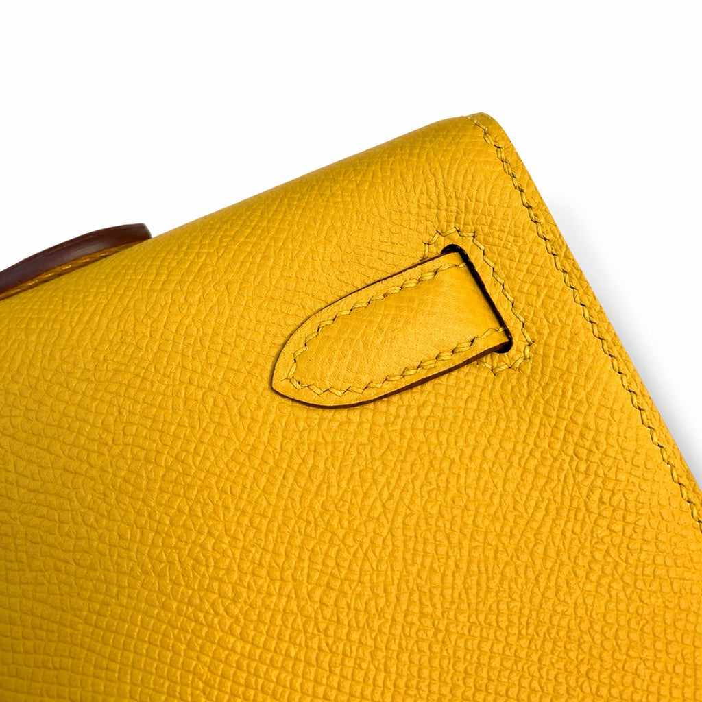 Kelly cut clutch, evening bag, epsom leather, wax thread hand-sewing, amber yellow, gold buckle