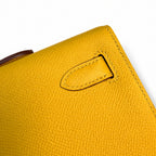 Kelly cut clutch, evening bag, epsom leather, wax thread hand-sewing, amber yellow, gold buckle