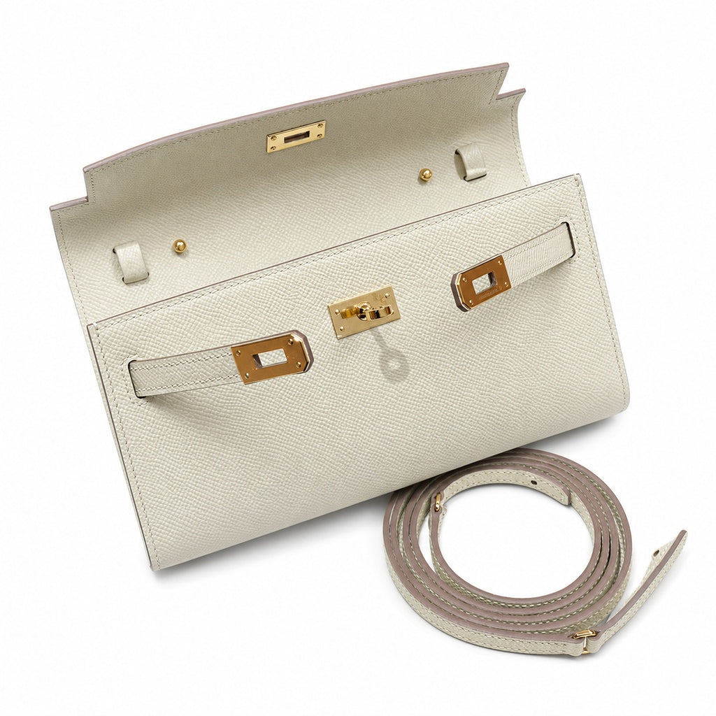 Style: Kelly to go Color: ck10/Craie Size: 19*11.5*1.5cm Leather: epsom From France Hardware: gold Kelly crossbody bag, milkshake white, cowhide, gold buckle, high-end handmade exclusive customization