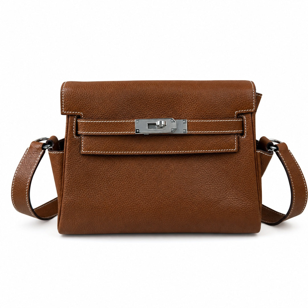 🆕 In stock Kelly Messenger messenger bag for men and women, Fubao leather gold brown silver buckle, imported leather, all-steel hand-waxed thread, the highest cost performance on the entire network. T
