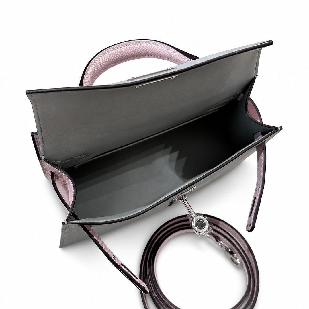 mini kelly 2, 8u/Blue glacier/09/Mauve pale, Epsom, slipr, 19cm, all handmade‼ ️Mini Kelly II, glacier blue and fantasy purple, palm print, silver buckle, 19cm, high-end handmade exclusive customizati