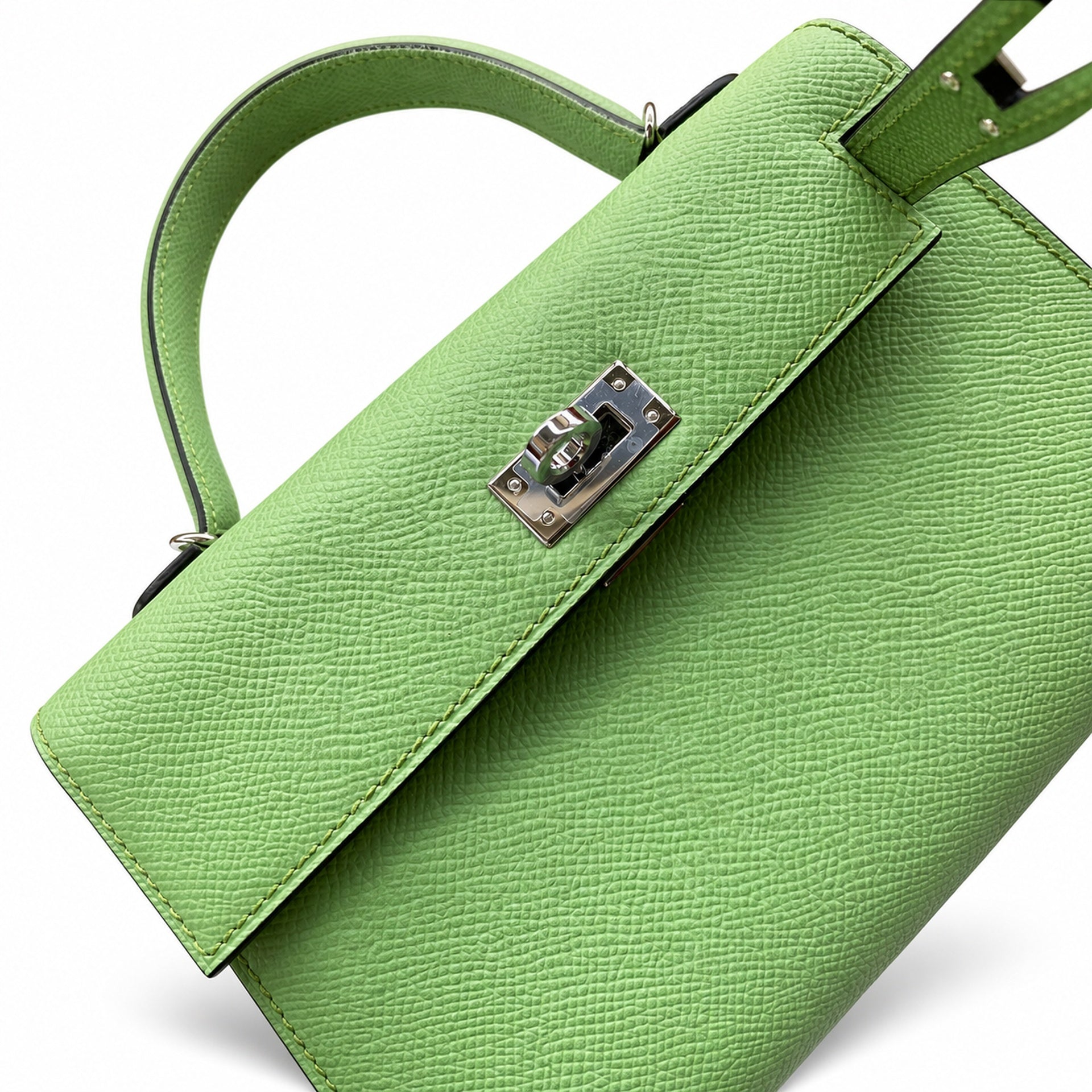 In stock: second generation Kelly 19cm imported Epsom leather avocado green 🥑 gold and silver buckle wax thread