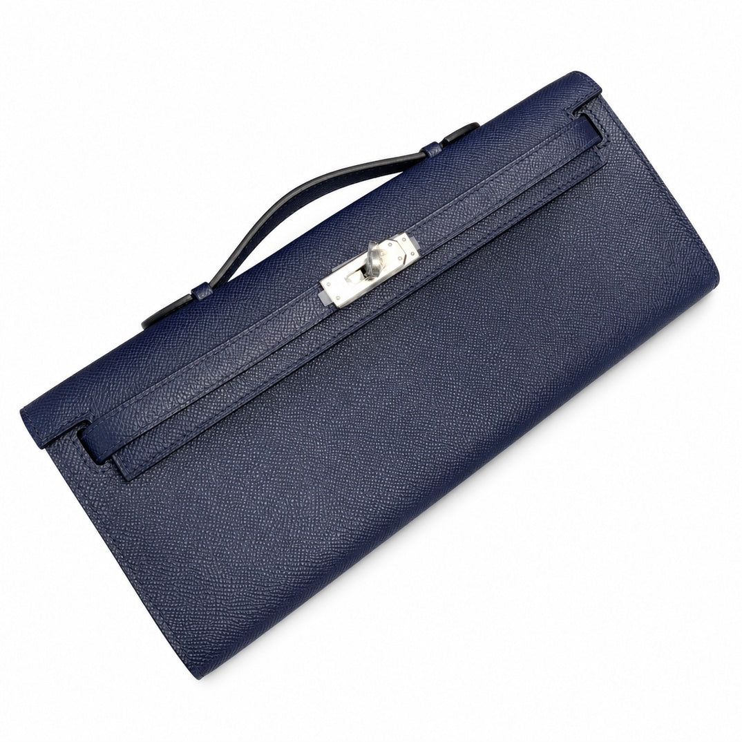 Kelly cut clutch, evening bag, epsom leather, waxed thread hand-stitching, sapphire blue, silver buckle
