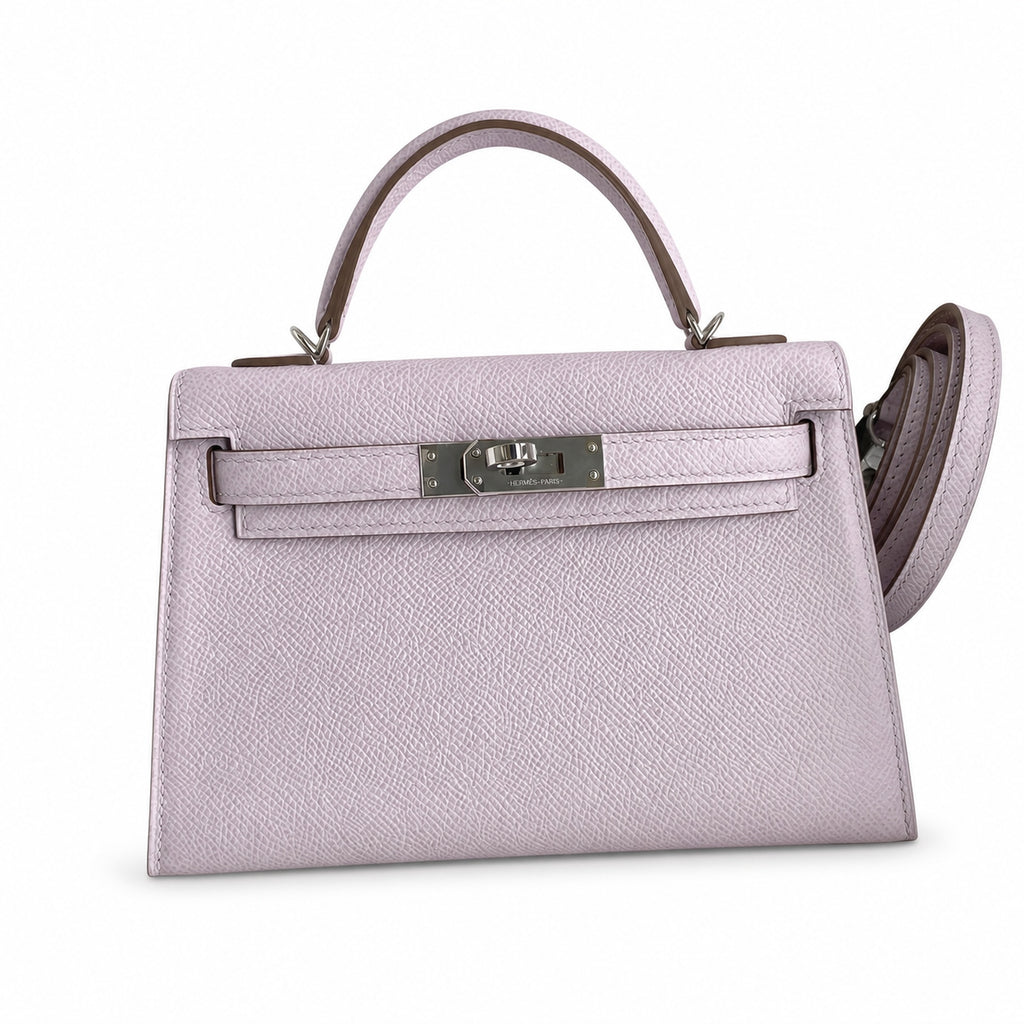 Ready stock: Fully hand-stitched 👉Second generation Mini Kelly 19cm imported Epsom leather dreamy pink and purple silver buckle